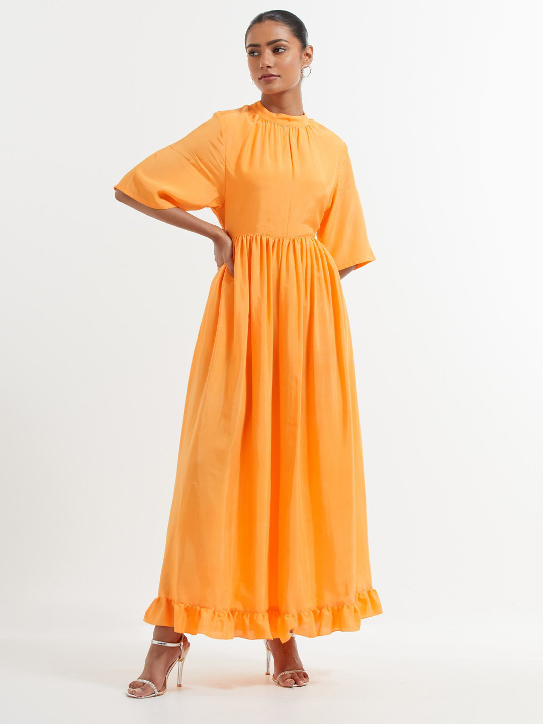 

THE INDIAN CAUSE Round Neck Gathered Maxi Fit & Flare Dress, Orange