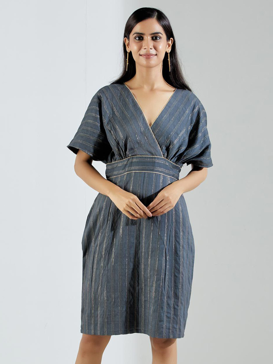 

THE INDIAN CAUSE Striped V-Neck Flared Sleeve Gathered A-Line Dress, Grey