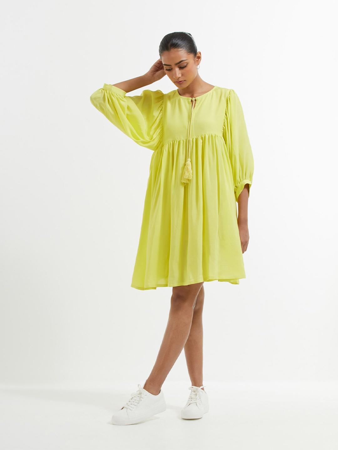 

THE INDIAN CAUSE Puff Sleeve Fit and Flare Dress, Yellow