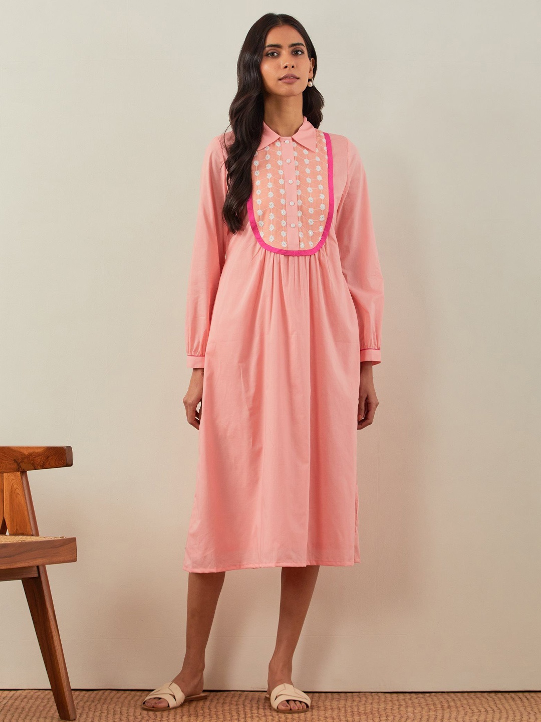 

THE INDIAN CAUSE Shirt Collar A-Line Dress, Peach