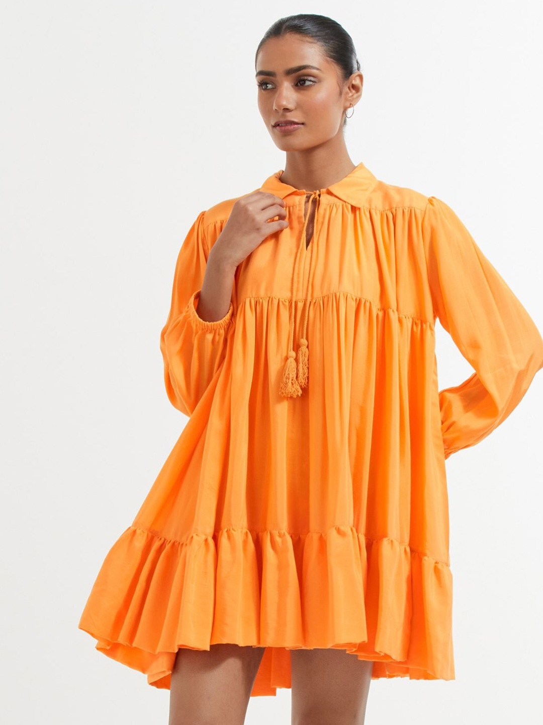 

THE INDIAN CAUSE Shirt Collar Cuffed Sleeves Gathered Tiered A-Line Dress, Orange