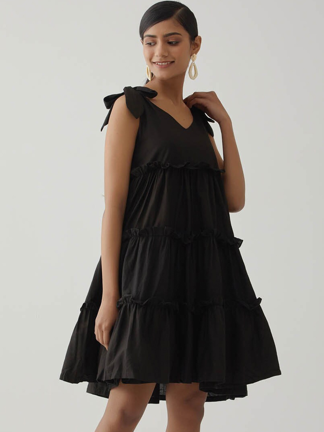 

THE INDIAN CAUSE Shoulder Straps Tie-Ups Tiered Cotton Fit & Flare Dress, Black