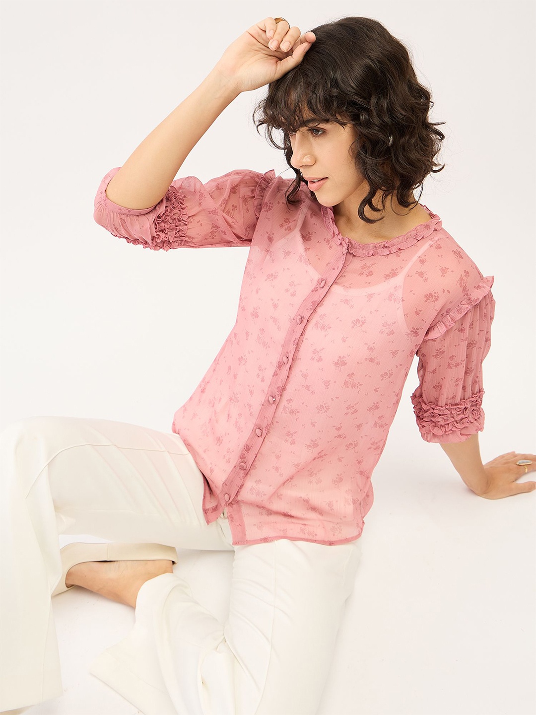 

SALT ATTIRE Floral Printed Cuffed Sleeves Shirt Style Top, Pink