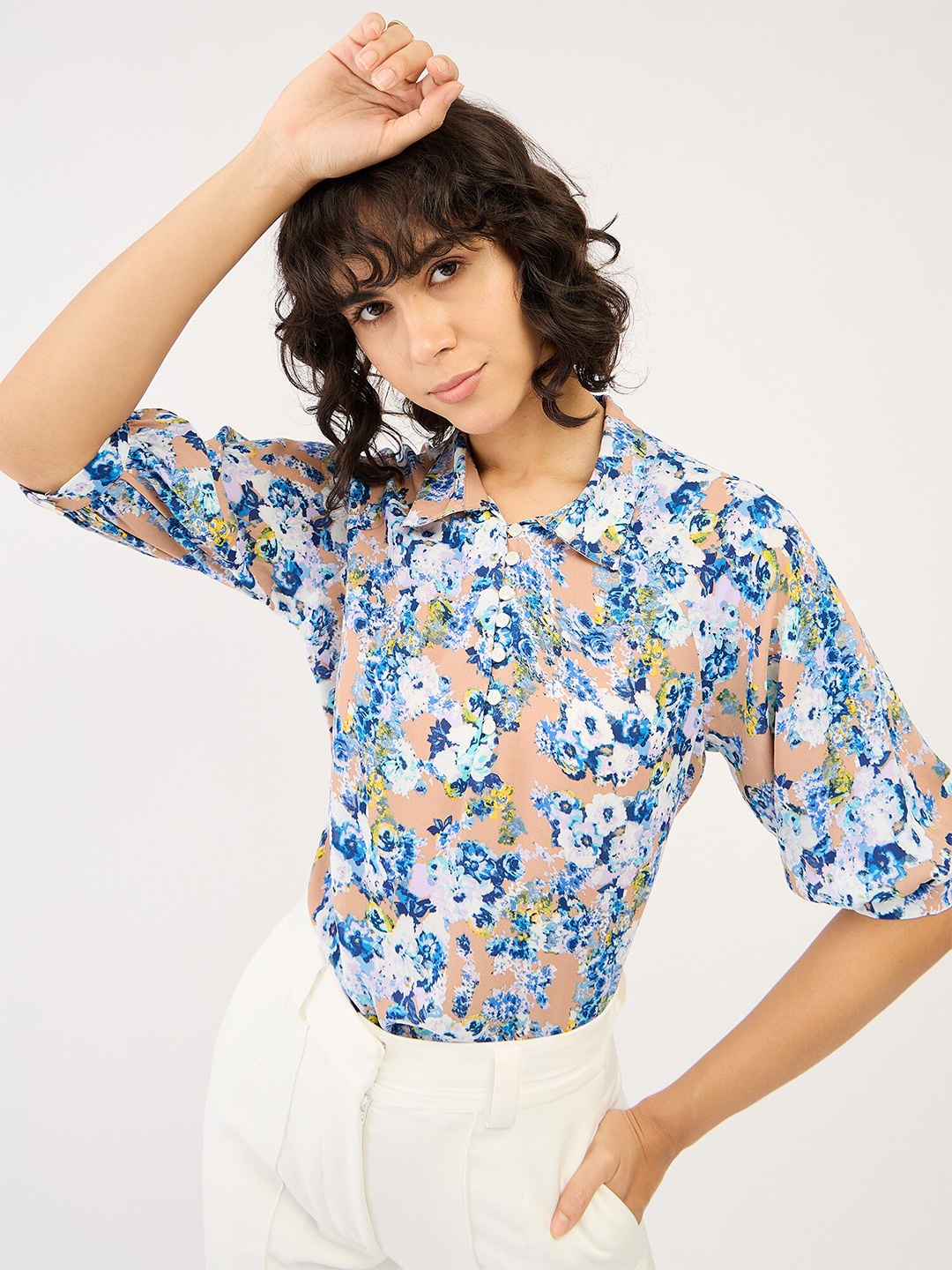 

SALT ATTIRE Floral Printed Puff Sleeves Shirt Style Top, Brown