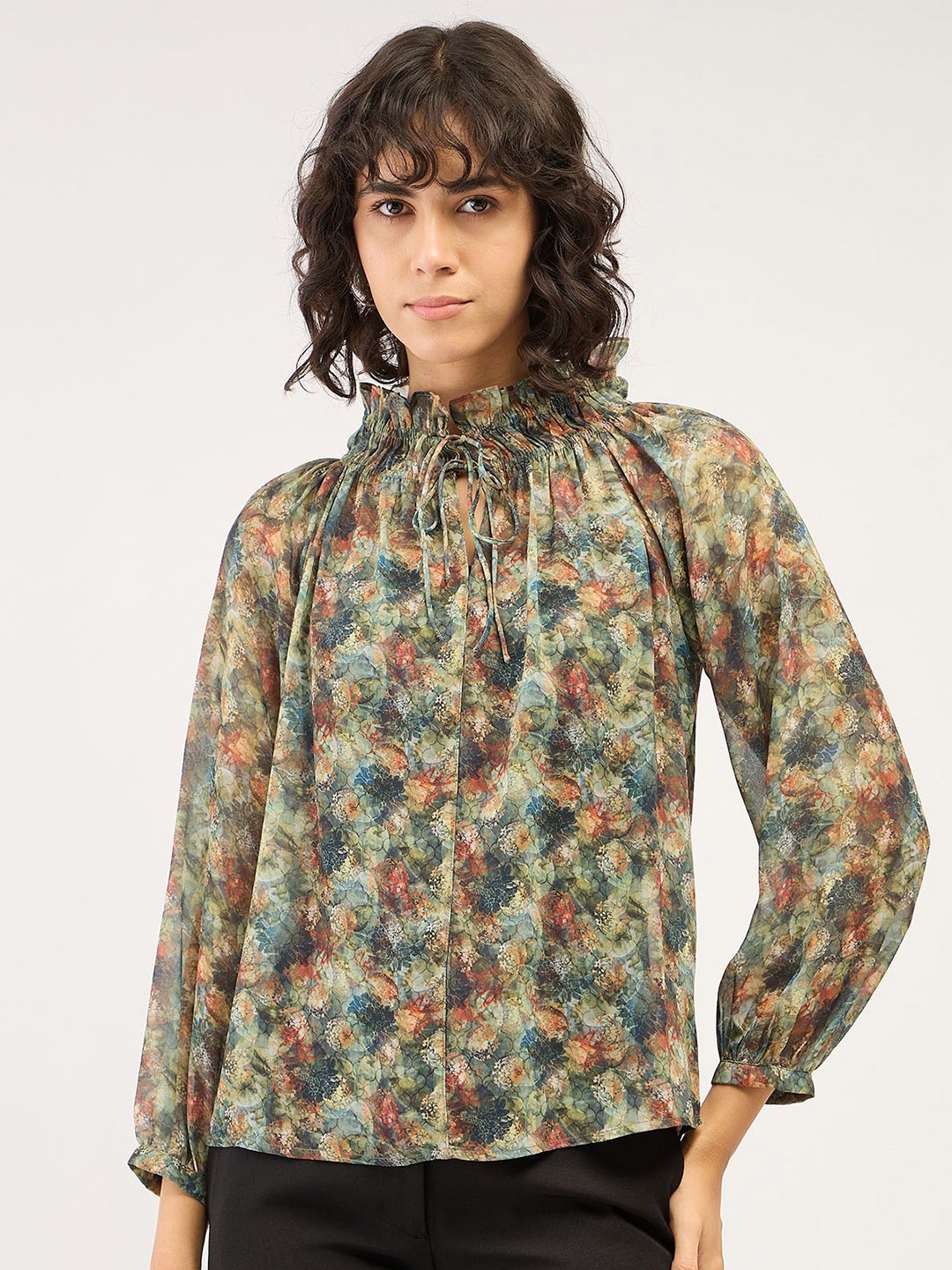 

SALT ATTIRE Floral Printed High Neck Cuffed Sleeves Casual Top, Green