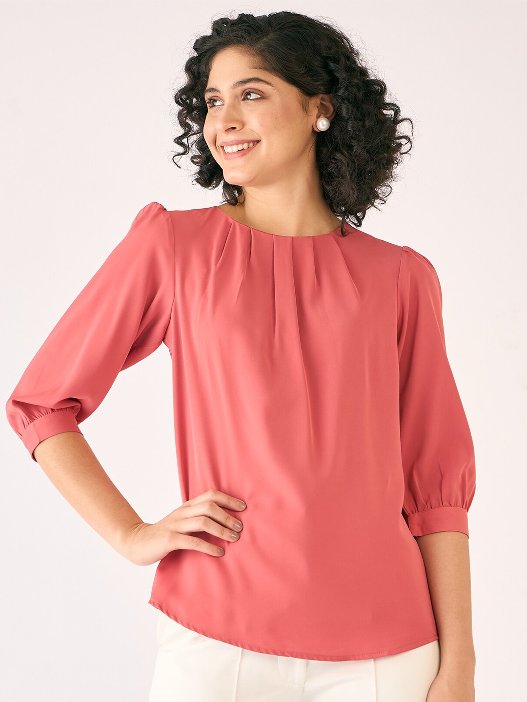 

SALT ATTIRE Round Neck Cuffed Sleeves Pleated Blouson Top, Peach