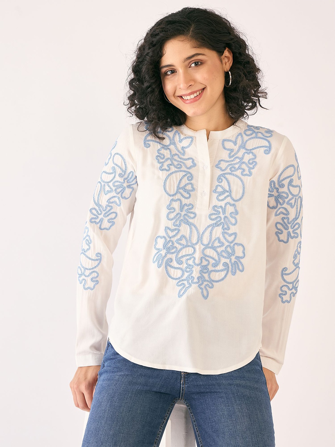 

SALT ATTIRE Floral Embroidered Mandarin Collar Cuffed Sleeves Shirt Style Top, White