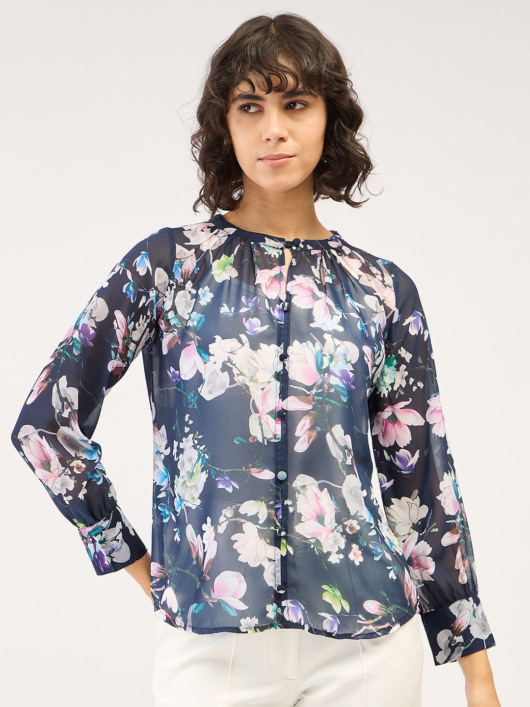 

SALT ATTIRE Floral Printed Round Neck Top, Navy blue