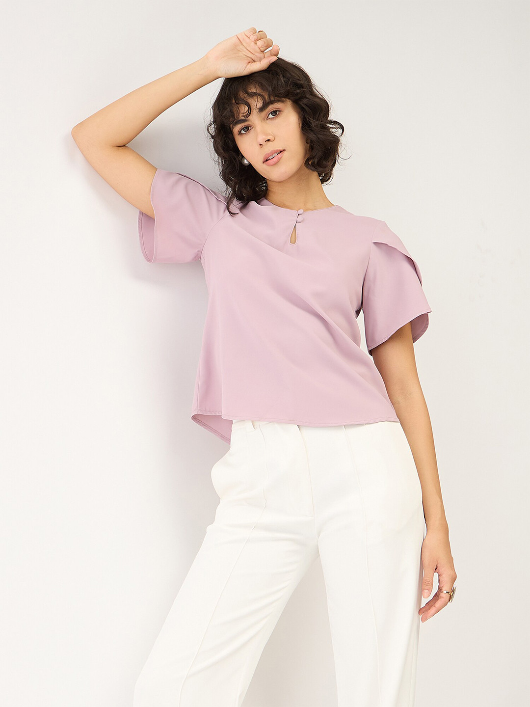 

SALT ATTIRE Keyhole Neck Slit Sleeves Casual Top, Pink