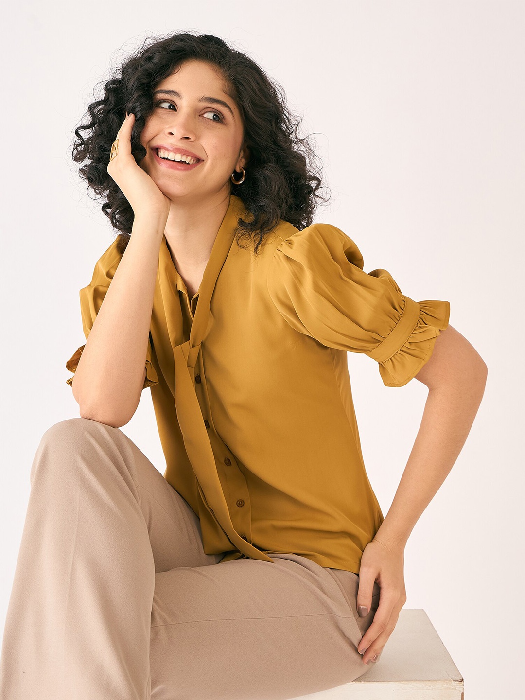 

SALT ATTIRE Tie-Up Neck Puff Sleeve Casual Top, Mustard