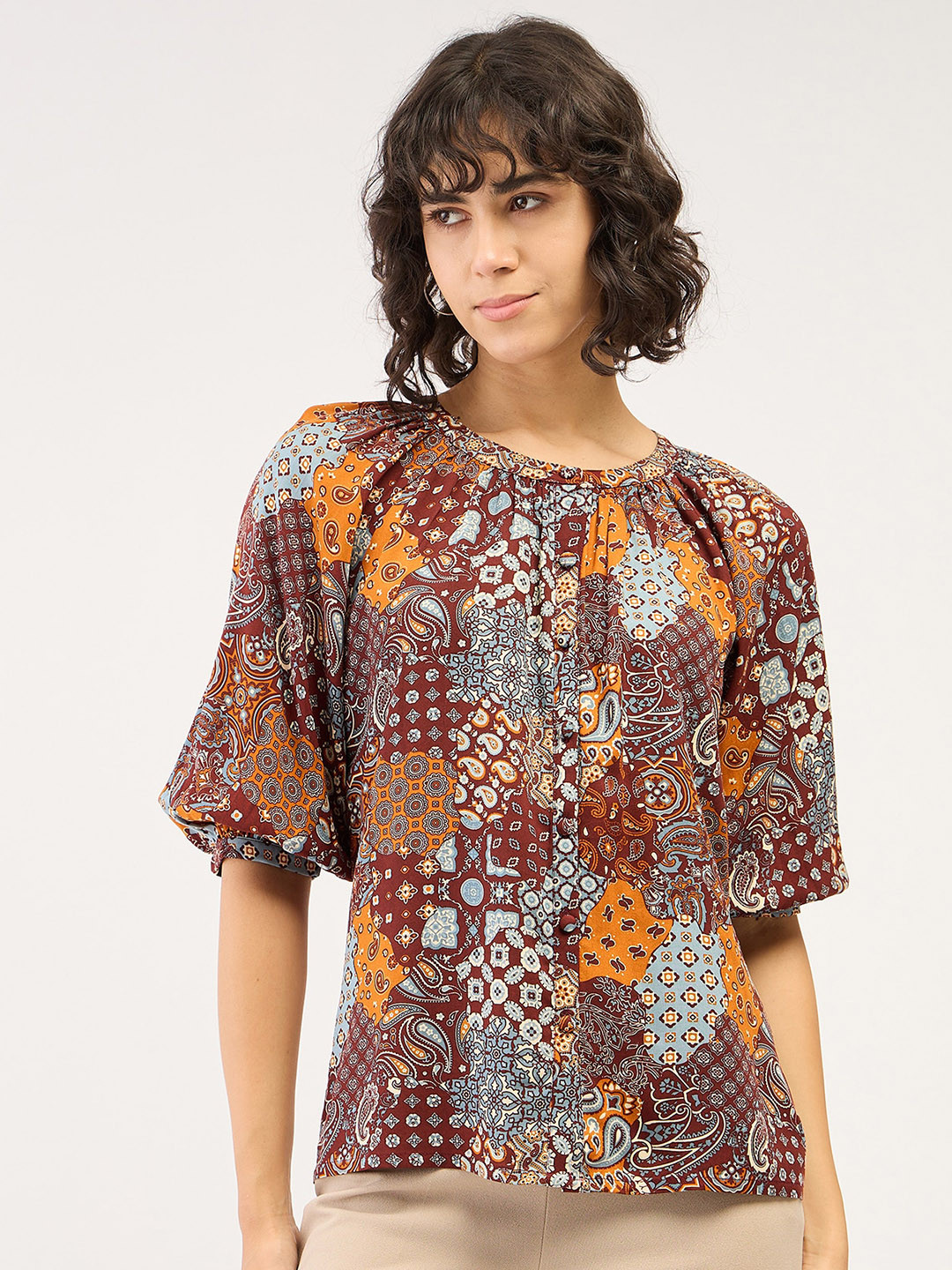 

SALT ATTIRE Ethnic Motifs Printed Round Neck Puff Sleeves Gathered Top, Brown