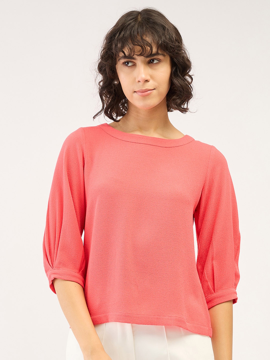 

SALT ATTIRE Boat Neck Cuffed Sleeves Casual Top, Pink