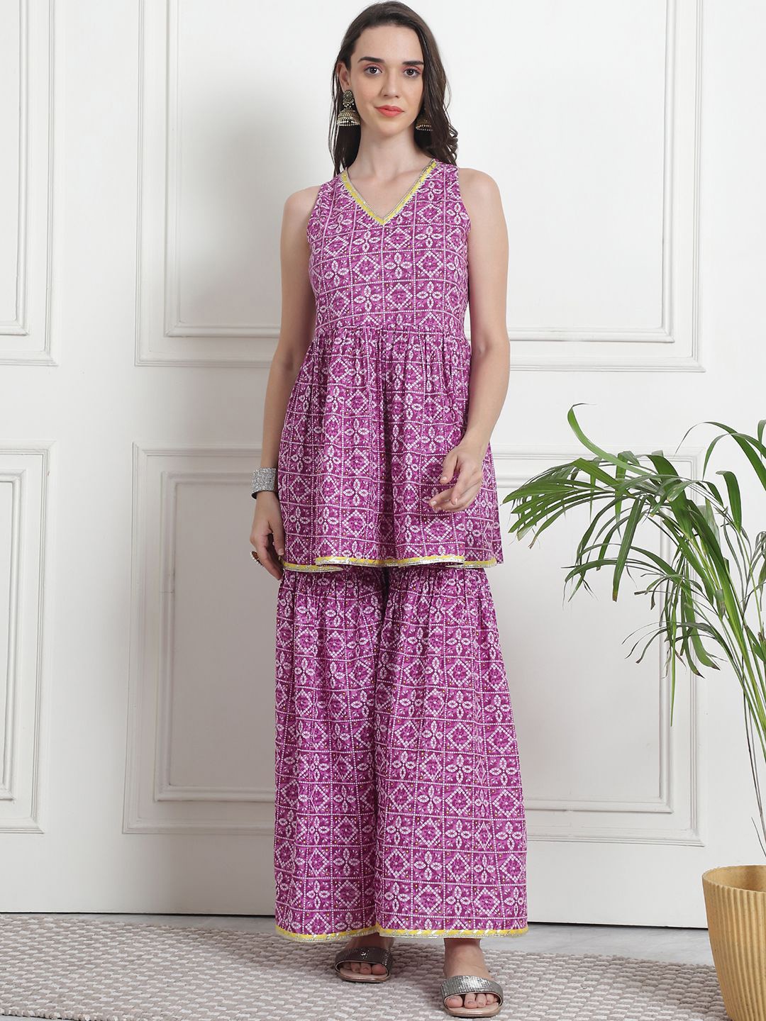 

Kamayra Printed Empire Pure Cotton Kurti with Sharara, Purple