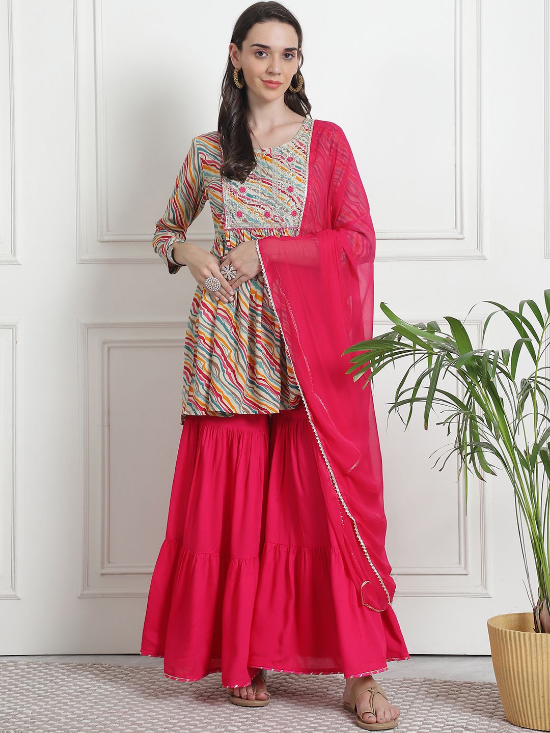 

Kamayra Printed Sequinned Kurta with Sharara & Dupatta, Pink