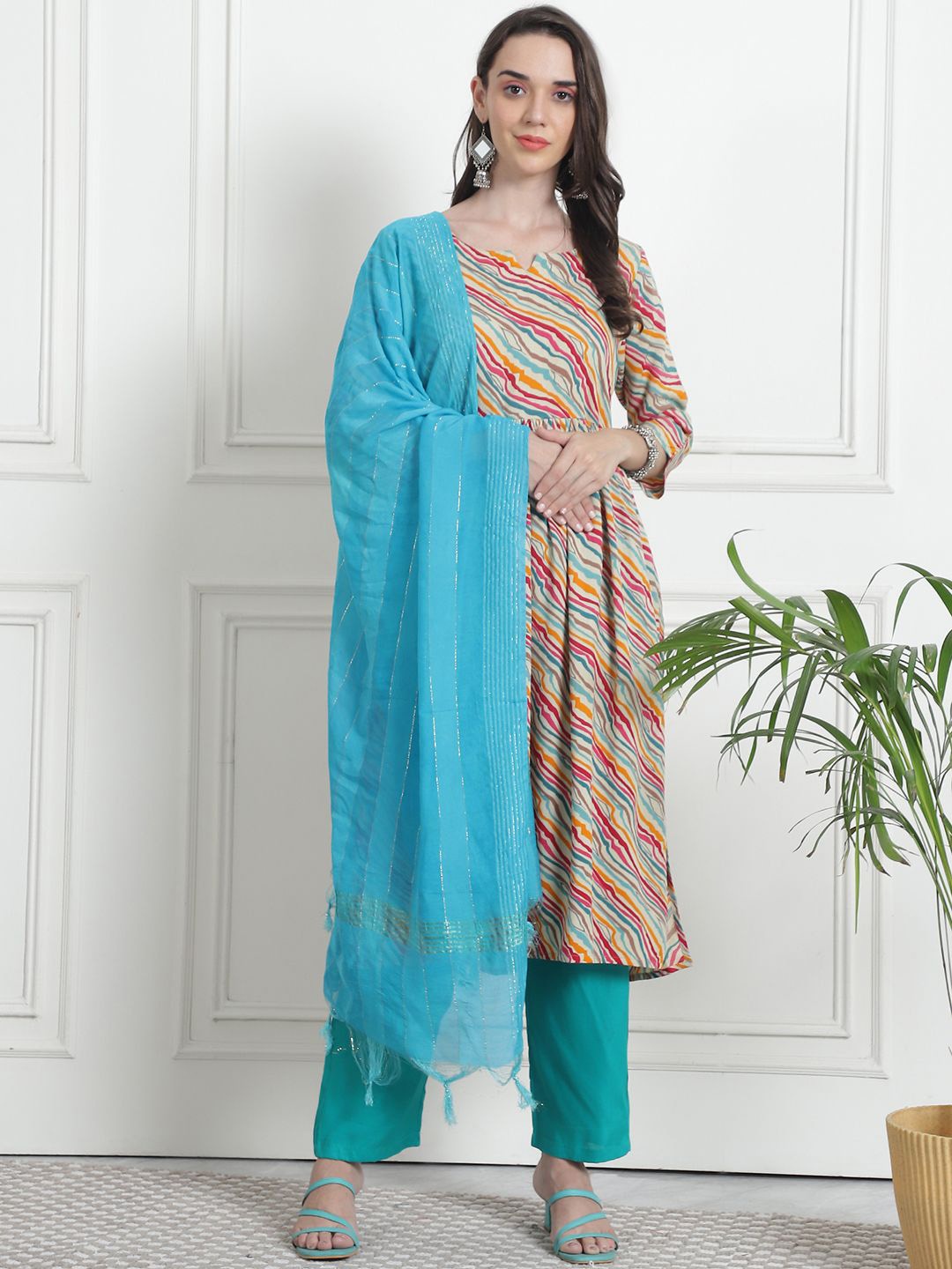 

Kamayra Women Printed Empire Kurta with Palazzos & With Dupatta, Turquoise blue