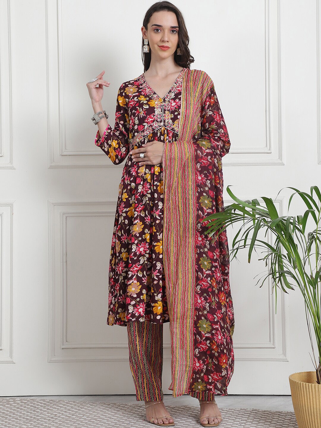 

Kamayra Floral Printed Empire Thread Work Kurta with Palazzos & Dupatta, Coffee brown