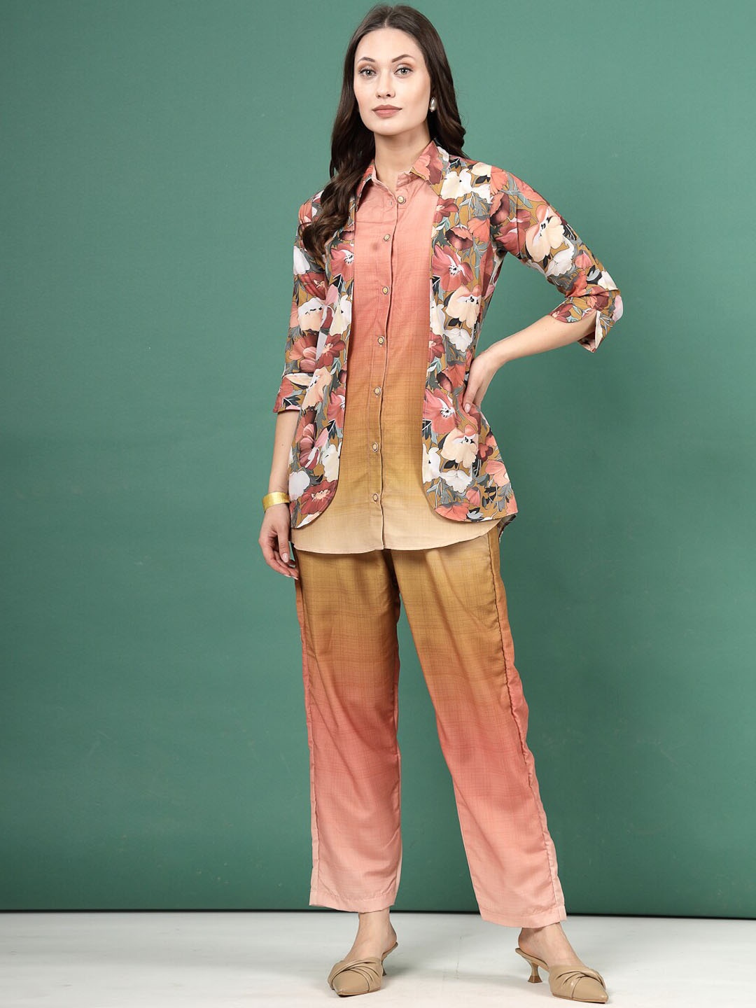 

Clora Creation Women Floral Digital Printed Shirt With Ombre Design Trousers Co-Ords, Peach