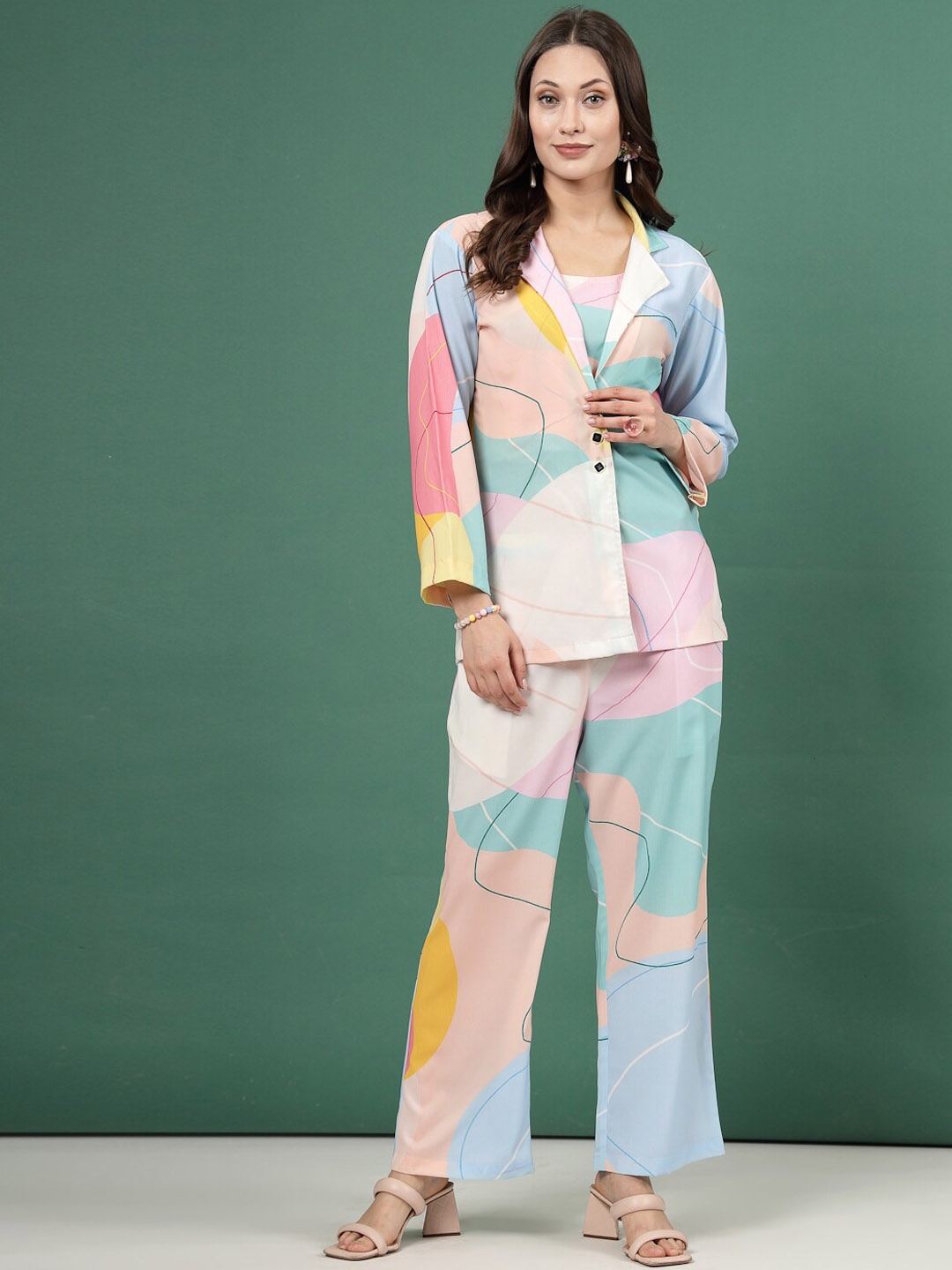 

Clora Creation Women Abstract Digital Printed Three Piece Blazer Co-Ord set, Blue
