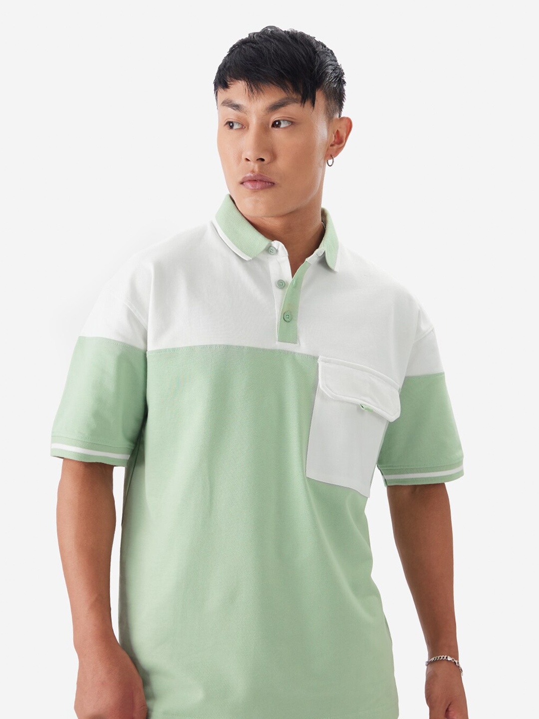 

The Souled Store Colourblocked Polo Collar Pure Cotton Oversized T-shirt, Green