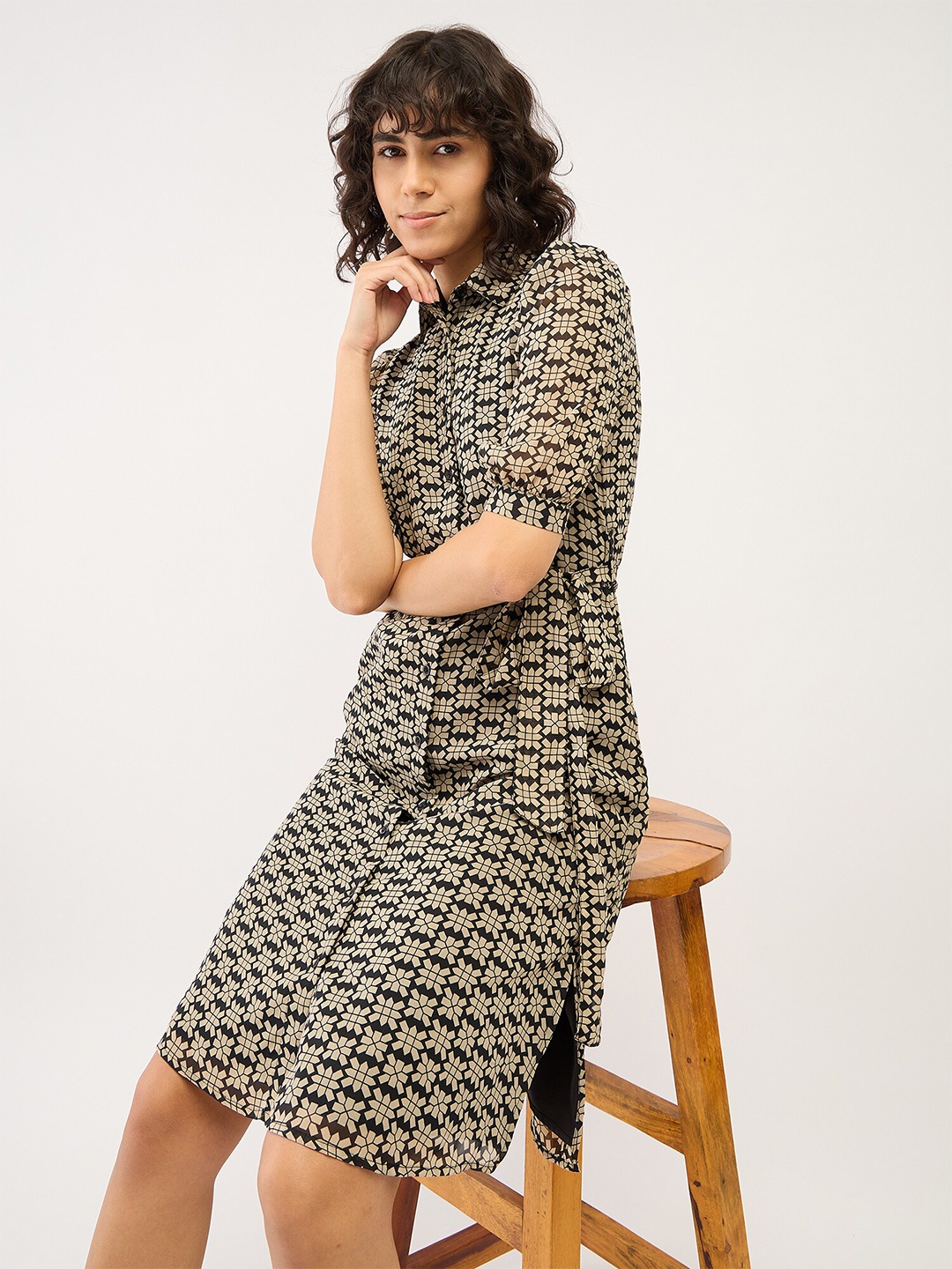 

SALT ATTIRE Shirt Collar Puff Sleeves Print Shirt Midi Dress, Black