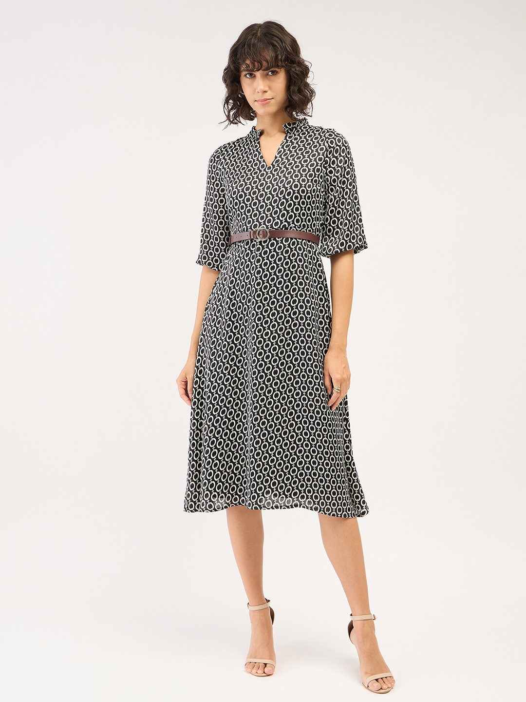 

SALT ATTIRE V Neck Geometric Printed Fit & Flare Midi Dress, Black