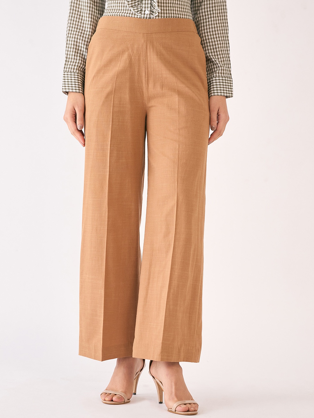 

SALT ATTIRE Women Relaxed Mid-Rise Easy Wash Cotton Parallel Trousers, Brown