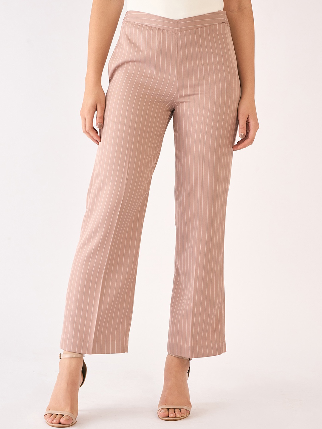 

SALT ATTIRE Women Striped Relaxed Straight Fit Easy Wash Trouser, Rust