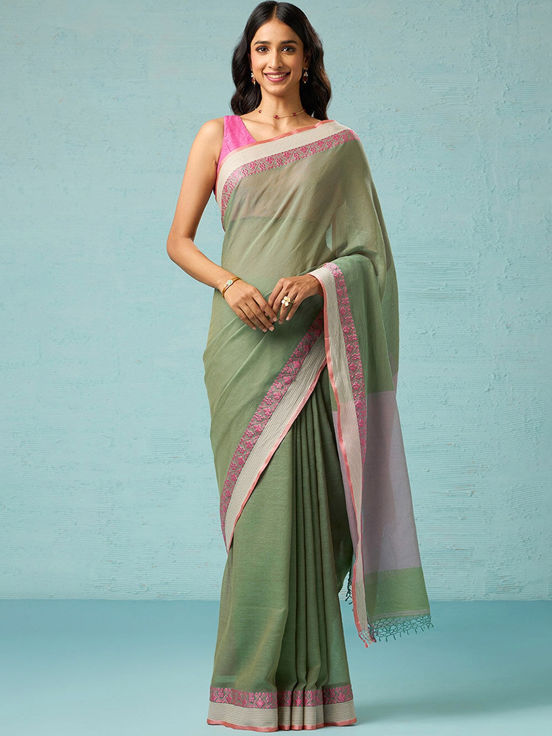 

Taneira Zari Solid Pure Cotton Saree, Green