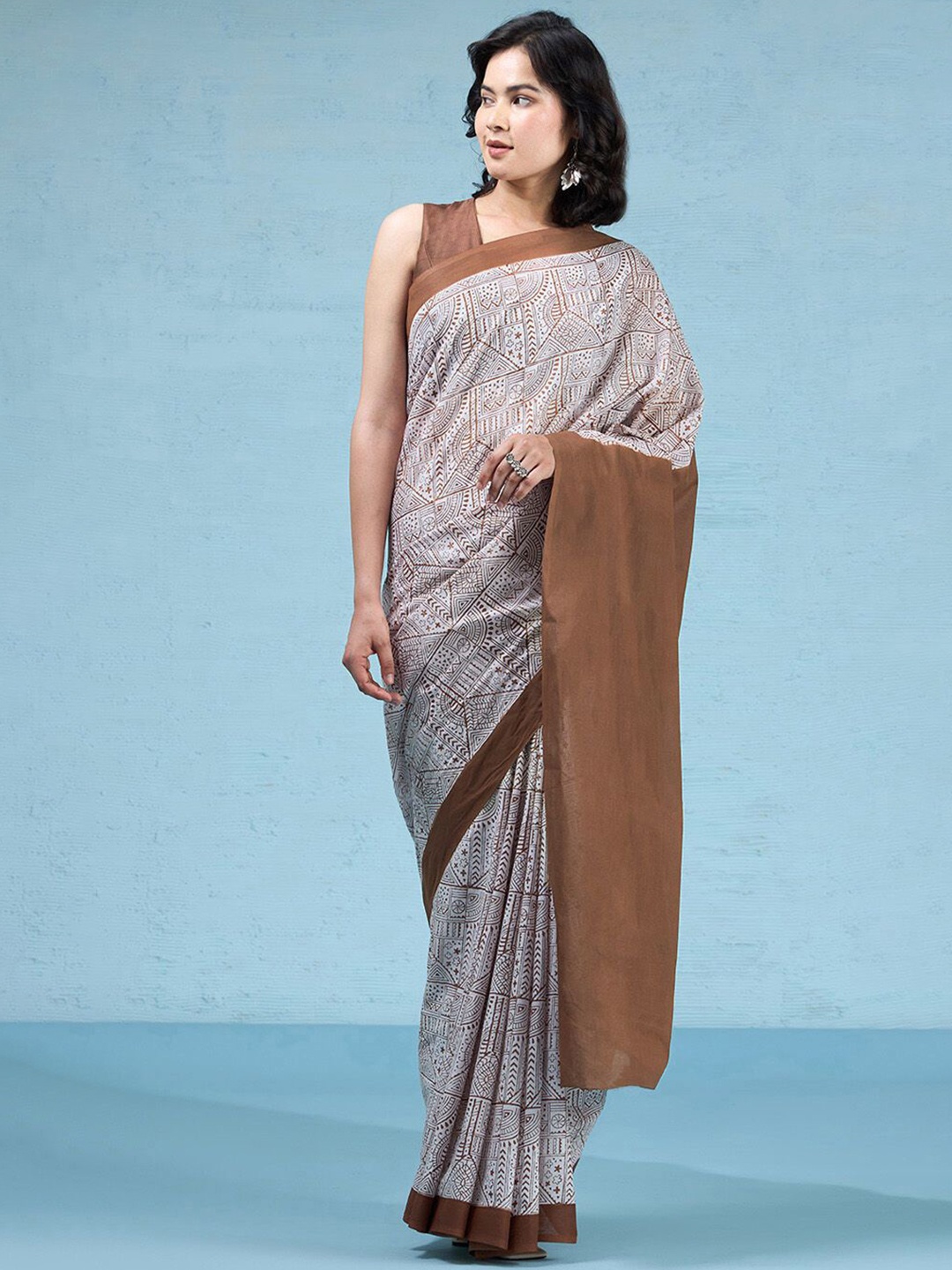 

Taneira Pure Cotton Mulmul Block Printed Bengal Saree, Off white