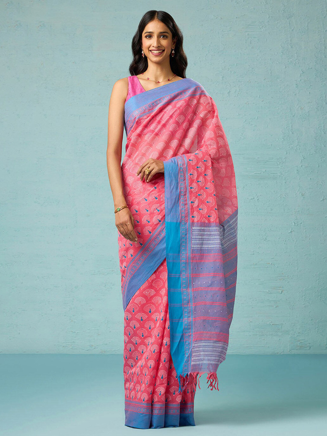 

Taneira Ethnic Motifs Pure Cotton Block Print Saree, Pink