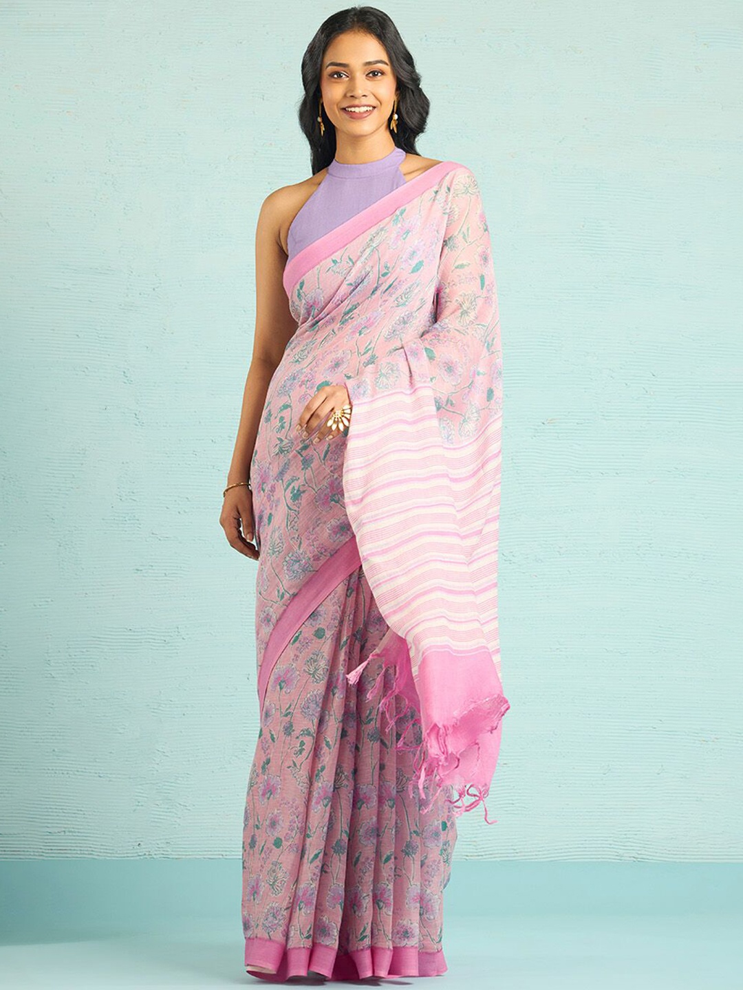 

Taneira Floral Printed Pure Linen Saree, Pink