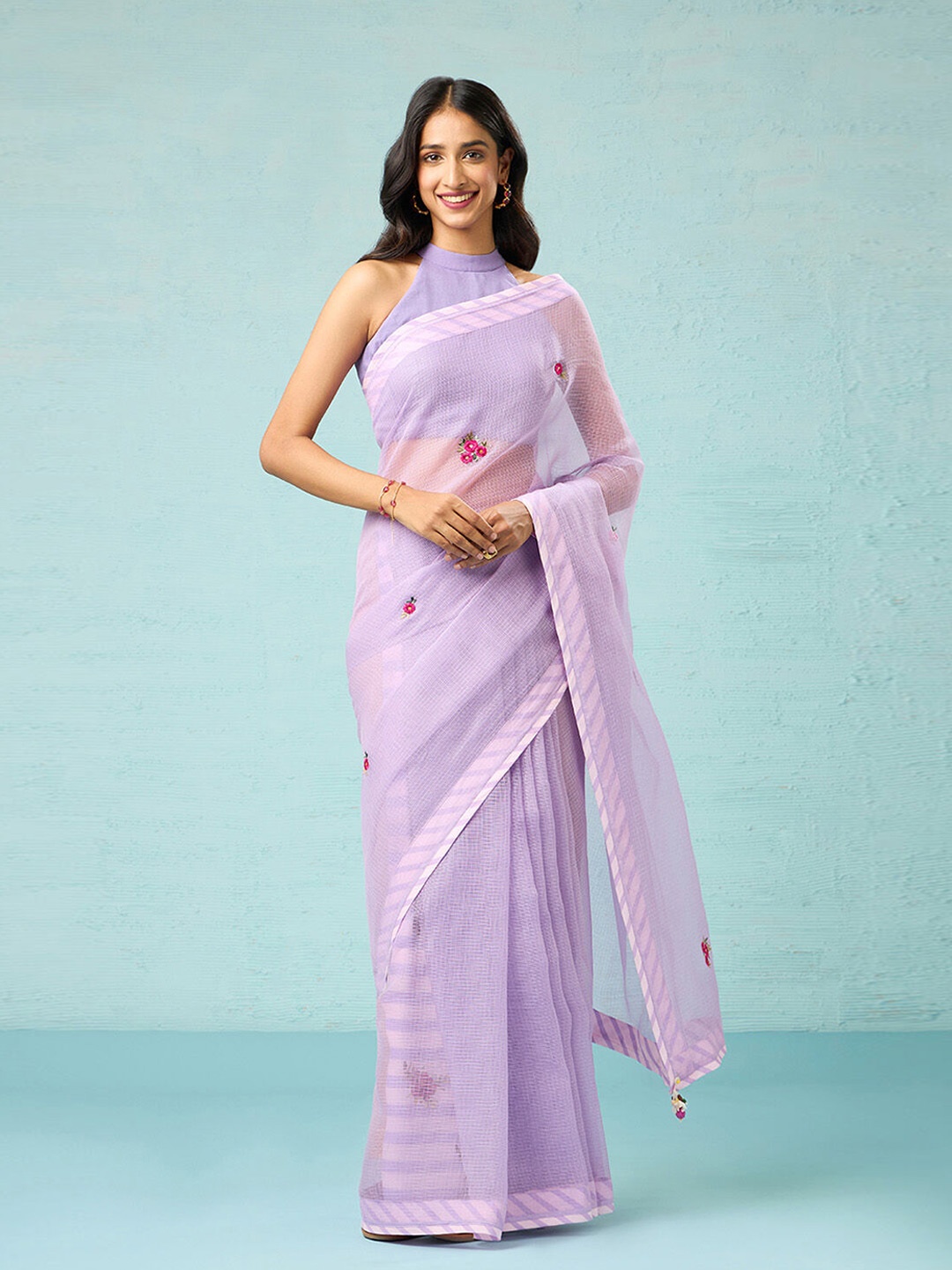 

Taneira Floral Embroidered Silk Blend Saree, Violet