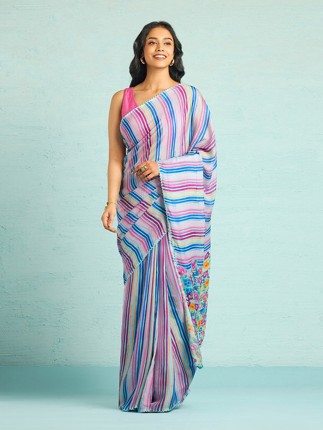

Taneira Viscose Rayon Striped Saree, Blue