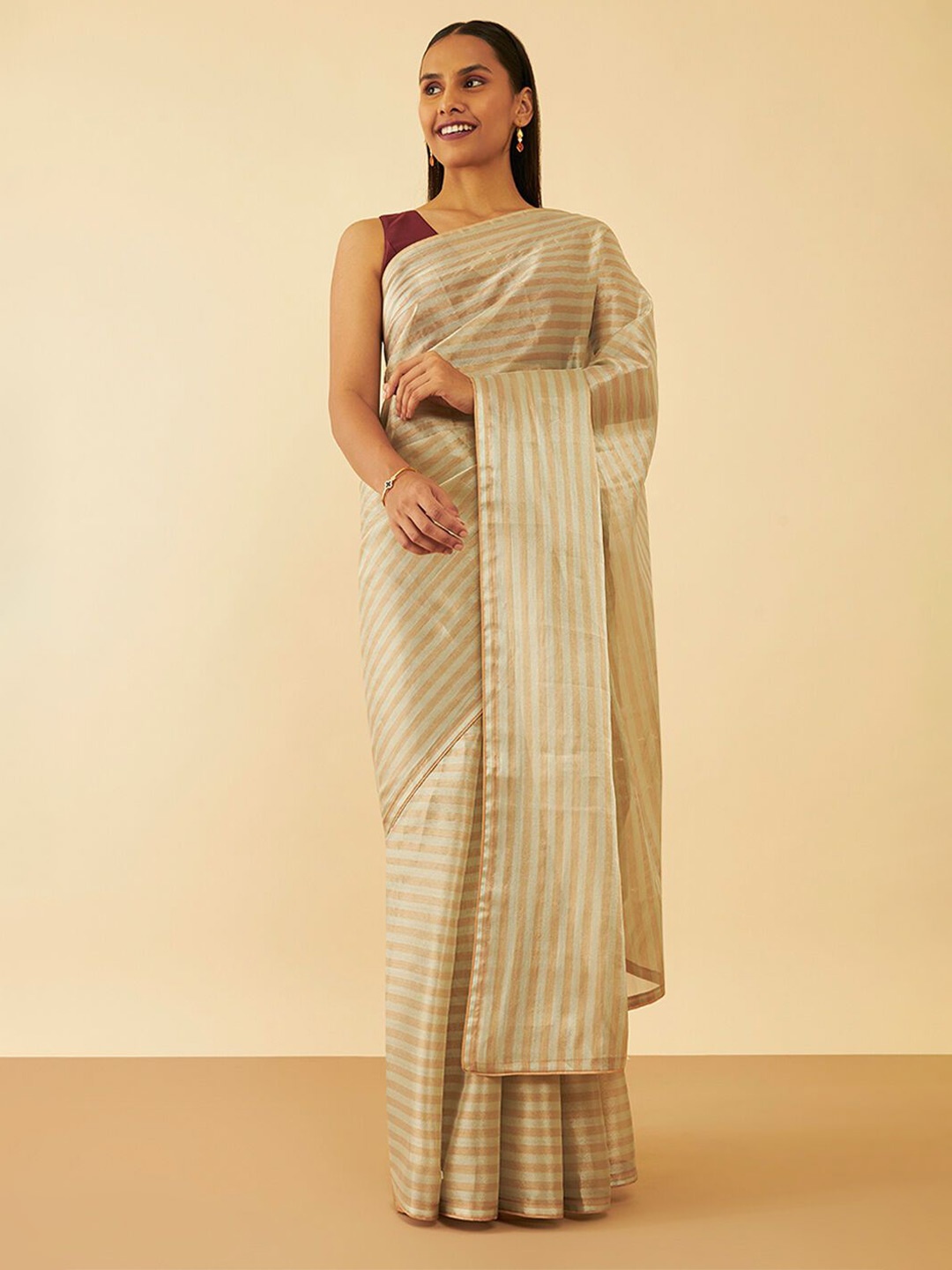 

Taneira Striped Tissue Saree, Beige