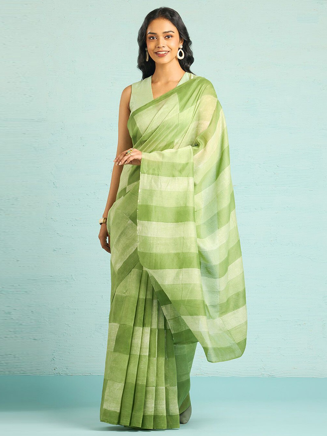 

Taneira Colourblocked Silk Cotton Chanderi Saree, Green