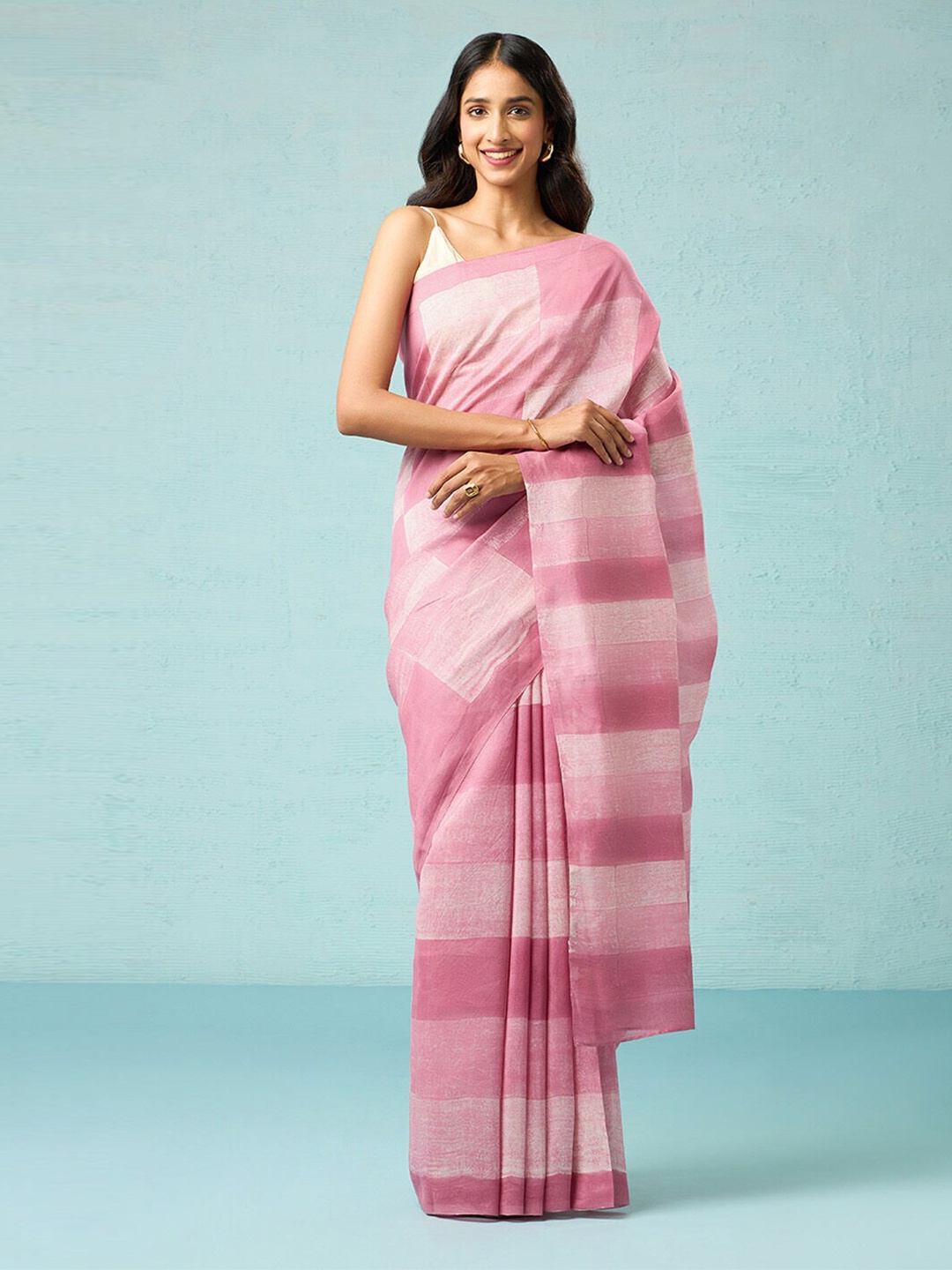 

Taneira Striped Silk Cotton Chanderi Saree, Pink