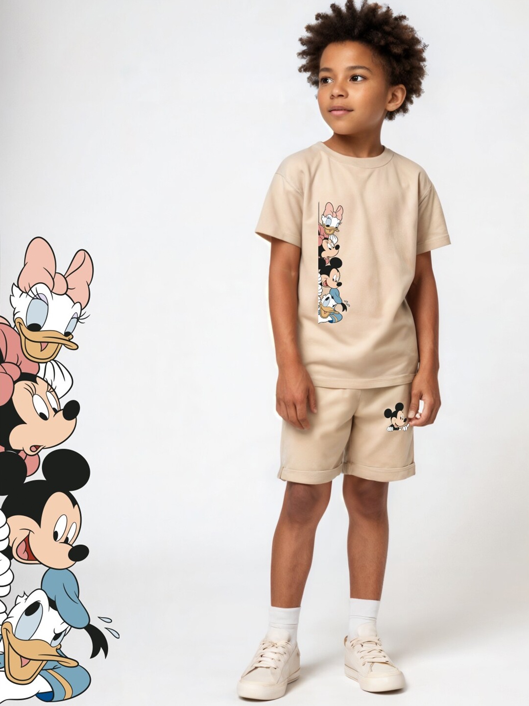

x2o Kids Mickey Mouse Printed Pure Cotton T-shirt With Shorts, Beige