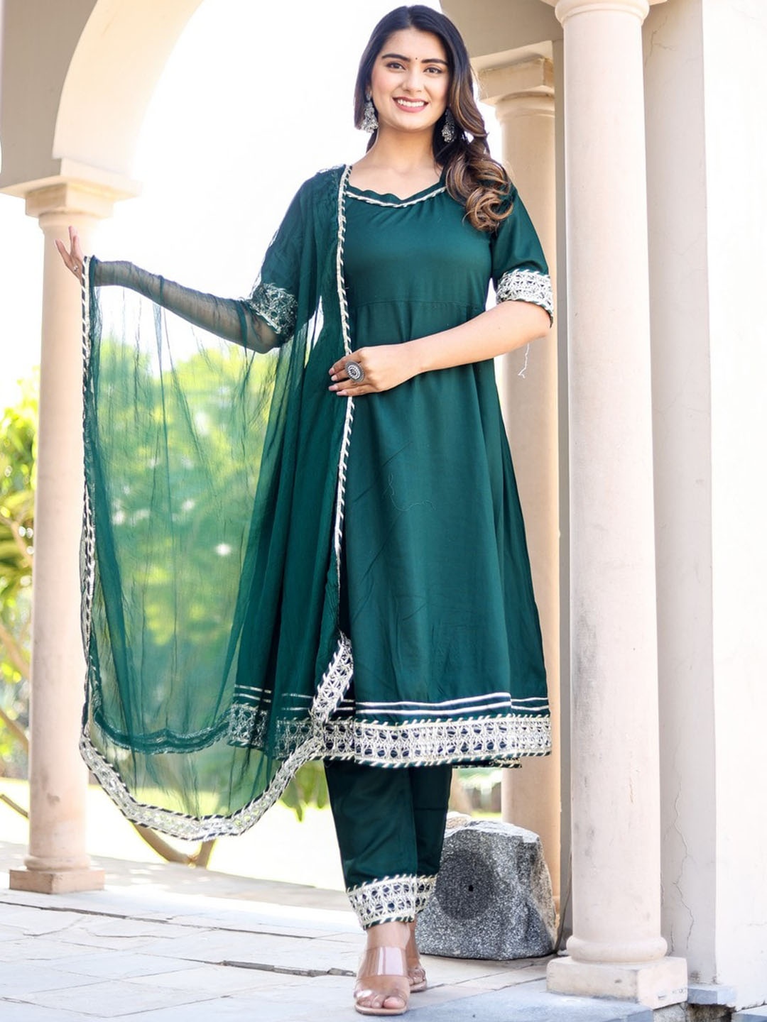 

HEBA Embroidered Empire Thread Work Anarkali Kurta with Trousers & Dupatta, Green