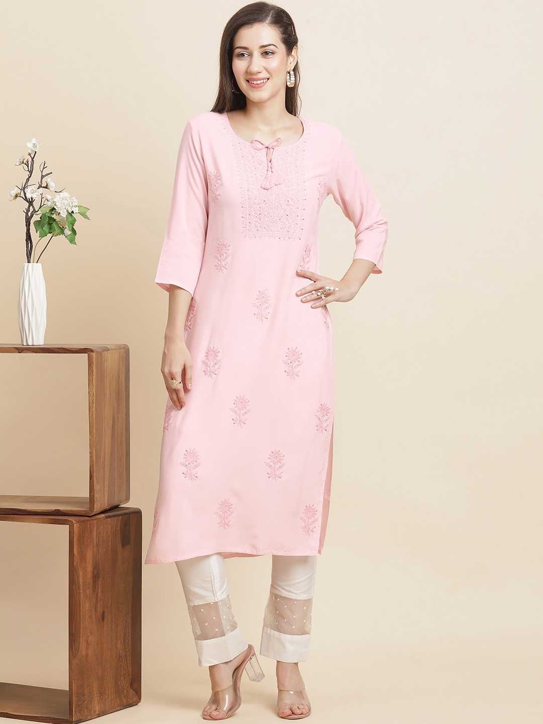 

INDYES Floral Embroidered Chikankari Tie-Up Neck Straigth Kurta, Pink