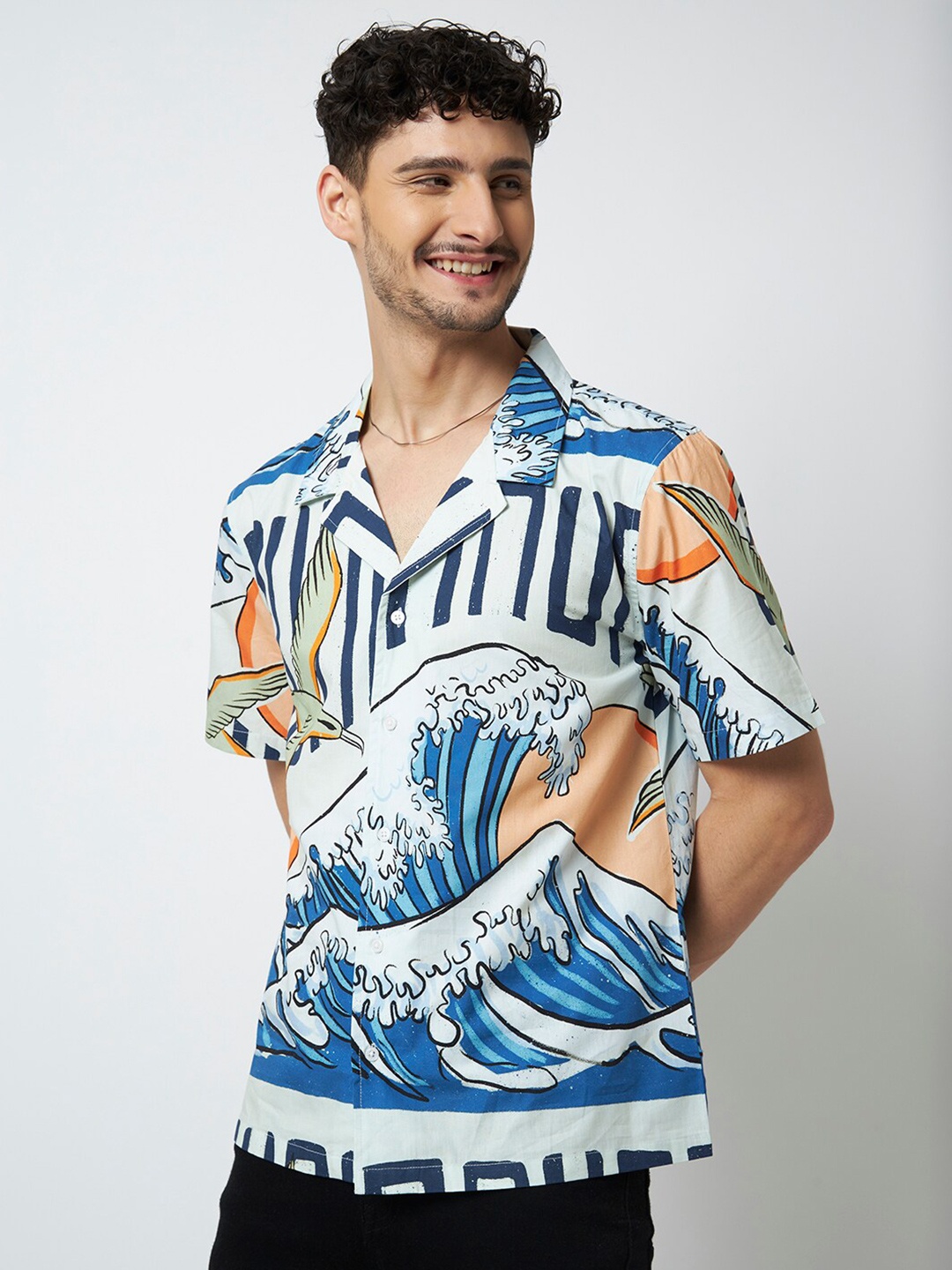 

MyDesignation Cuban Collar Abstract Printed Cotton Casual Shirt, Off white
