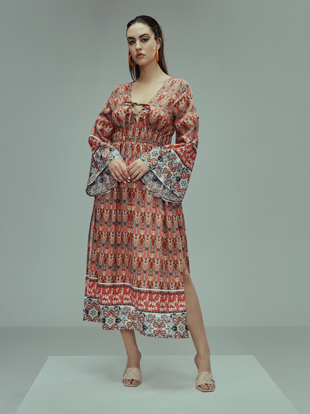 

TANDUL Ethnic Motifs Printed Tie-Up Neck Bell Sleeves Georgette A-Line Midi Dress, Brown