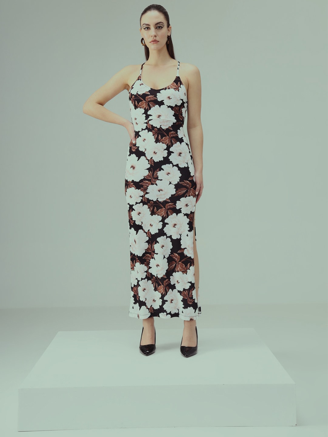 

TANDUL Shoulder Straps Sleeveless Floral Print Maxi Dress, Black
