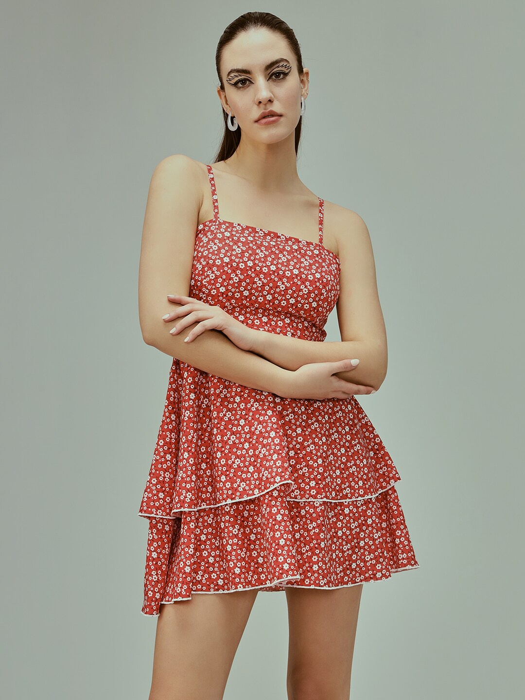 

TANDUL Floral Print Shoulder Straps Cotton Fit & Flare Mini Dress, Red