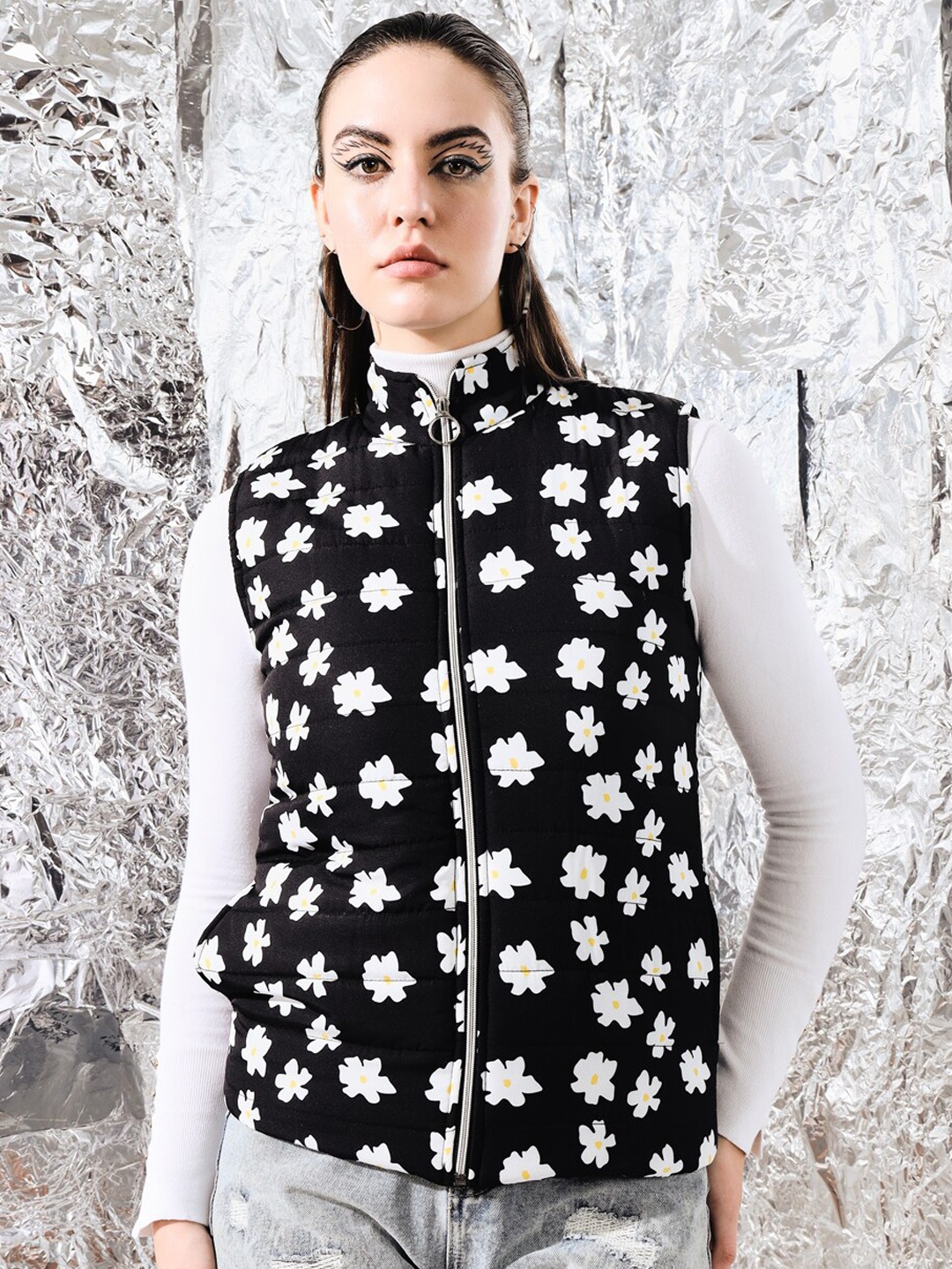 

TANDUL Floral Printed Mock Collar Lightweight Puffer Jacket, Black