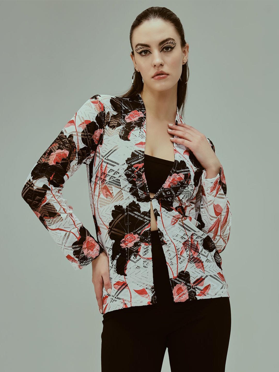 

TANDUL Floral Printed Tie-Up Shrug, Black
