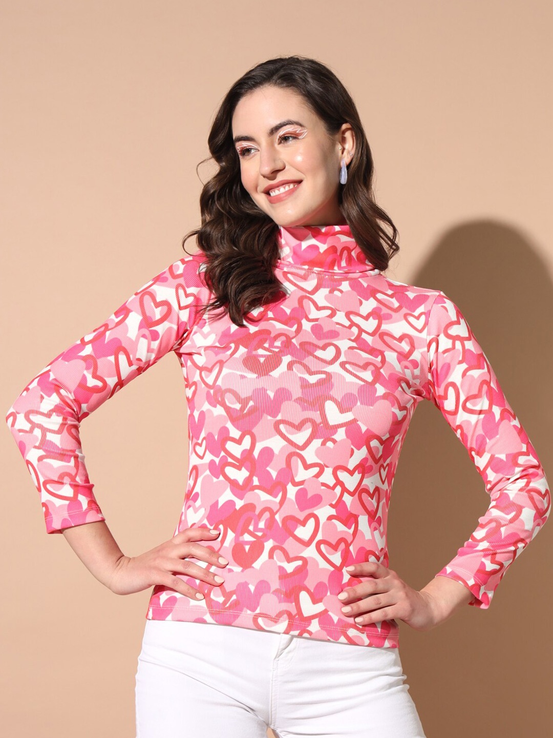 

TANDUL Turtle Neck Long Sleeves Printed Pullover, Pink