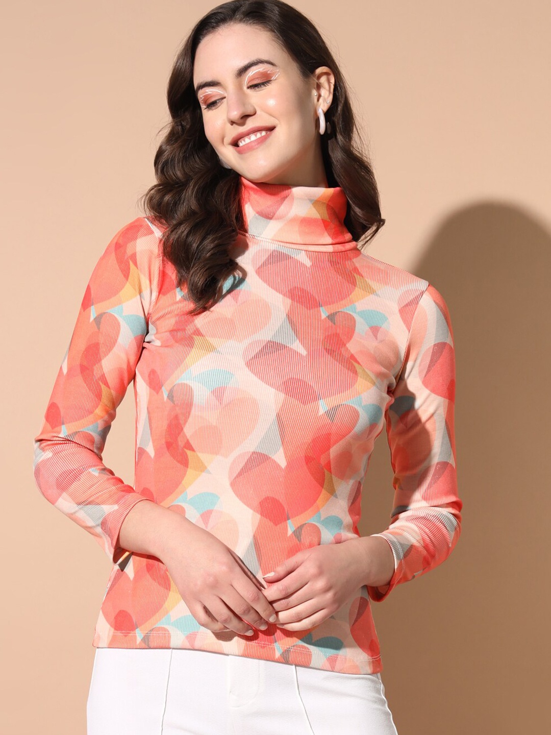 

TANDUL Turtle Neck Long Sleeves Floral Pullover, Orange