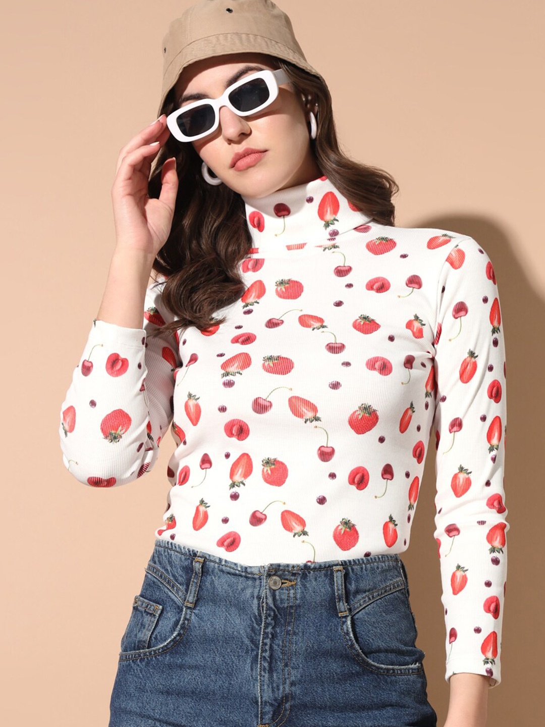 

TANDUL Turtle Neck Long Sleeves Printed Pullover, White