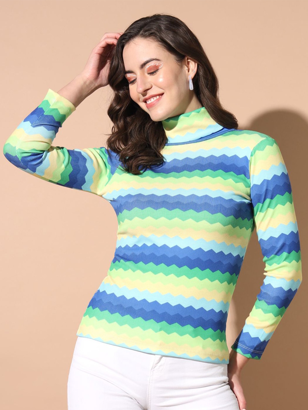 

TANDUL Turtle Neck Long Sleeves Striped Pullover, Blue