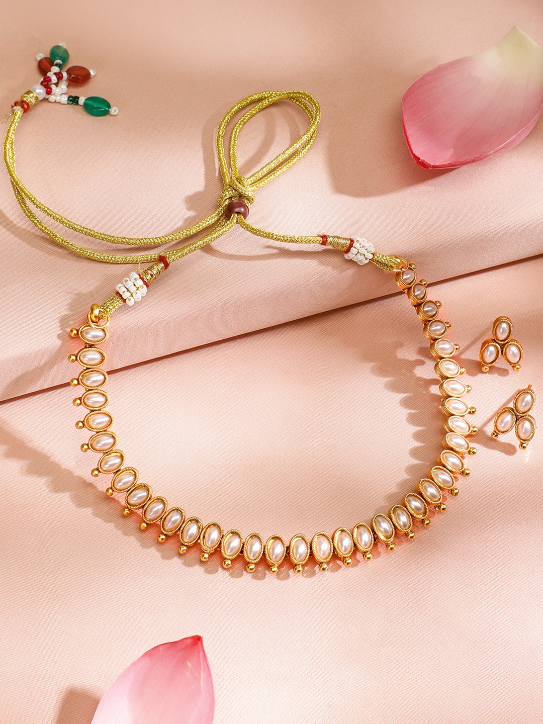 

Rubans 22KT Gold Plated Stylish Pearl Studded Oval Link Design Choker Necklace Set